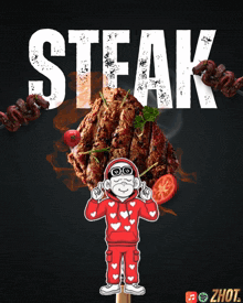 an advertisement for steak with a cartoon character