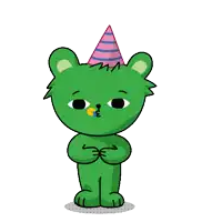 a green teddy bear wearing a party hat is dancing