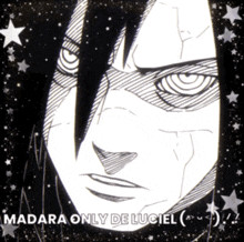 a black and white drawing of madara only de luciel with stars in the background