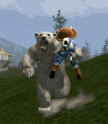 a polar bear is chasing a person wearing overalls and boots