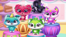 a group of stuffed animals are standing on top of colorful boxes