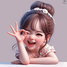 a 3d rendering of a little girl with a flower in her hair giving the ok sign .