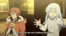 a man and a girl are standing next to each other and the girl is saying swords are not cooking tools