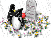 a cartoon penguin is standing in front of a gravestone that says " rip sux "