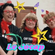 a group of women wearing red bows and glasses with the word le jocep in the upper right corner