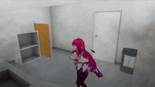 a girl with red hair is standing in a room next to a trash can that says ' recycle ' on it