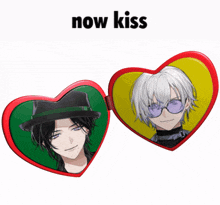 a couple of hearts with the words now kiss on top of them