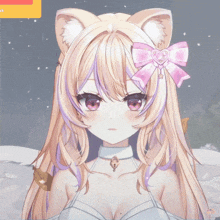a girl with long blonde hair and pink eyes has a pink bow on her head