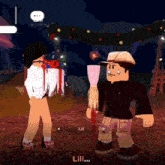 a screenshot of a video game with a girl holding a gift and a man holding a broom