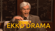 a man in a suit is holding a bucket of popcorn with the word ekko drama written on the bottom