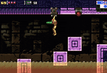 a video game shows a skeleton hanging from a purple block