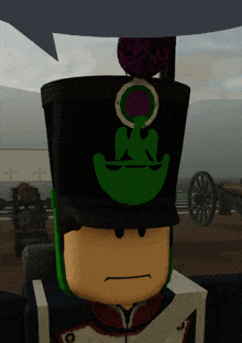 a cartoon character with a black hat with a green eagle on it