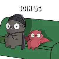 two cartoon characters sitting on a green couch with the words join us behind them