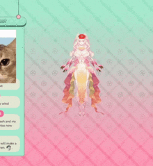 a girl in a rainbow dress is standing in front of a cat on a pink and blue background