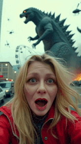 a woman in a red jacket is taking a selfie in front of a statue of a monster