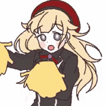 a cartoon girl with long blonde hair is wearing a red hat and holding a yellow cheerleading pom pom .