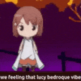 a cartoon girl is standing in a cemetery with the words `` we feeling that lucy bedroque vibe '' .