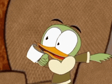 a cartoon character is holding a white cup of coffee