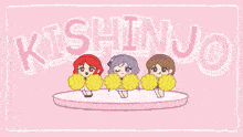 three cheerleaders are on a stage in front of a sign that says kishinjo