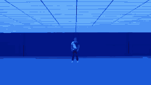 a man in a white shirt is standing in a room with blue lights on the ceiling
