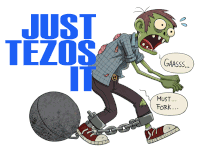 a cartoon of a zombie chained to a ball with the words just tezos it above him
