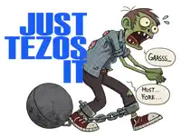 a cartoon of a zombie chained to a ball with the words just tezos it above him