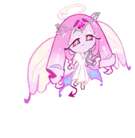 a cartoon angel with pink hair and wings is flying in the air