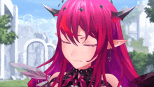 a cartoon character with red hair and horns is smiling with her eyes closed