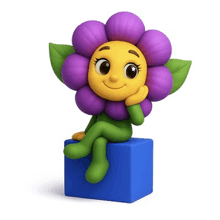 a cartoon flower is sitting on a blue block