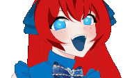a red haired anime girl with blue eyes and a blue bow