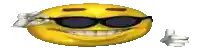 a pixel art smiley face wearing sunglasses and giving a thumbs up .