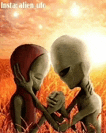 two aliens are hugging each other in a field