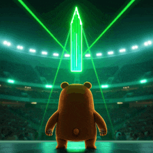 a teddy bear stands on a stage in front of a green arrow