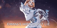 emma 's hips do n't lie is a video game character holding a glass of wine .