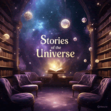 a book called stories of the universe sits in a library
