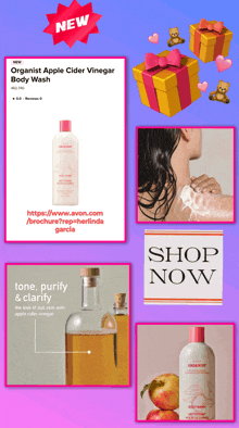an ad for organist apple cider vinegar body wash with a woman washing her hair
