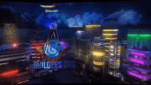 a cartoon drawing of a city at night with a blue object in the foreground