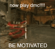 a picture of a person holding a sword and the words now play dmc be motivated