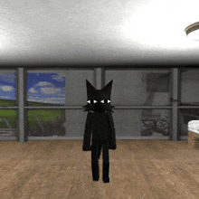 a black cat standing in front of a window