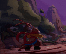 a cartoon character is standing on a rock with his arms up in the air