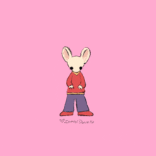 a drawing of a mouse on a pink background with the words zombie bun written below it