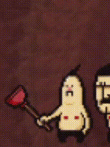 a pixel art of a man holding a plunger standing next to another man