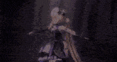 a girl in a purple dress is holding a gun in her hand .