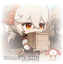 a cartoon character named kazuha de winter is carrying a box