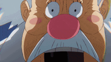 a close up of a cartoon character 's face with a big pink nose