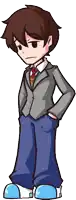 a cartoon of a man in a suit and tie with his hands in his pockets
