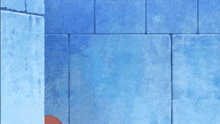 a girl with blonde hair is peeking out from behind a wall holding a sword