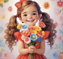 a little girl in a red dress is holding a bunch of flowers