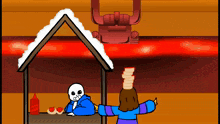a cartoon of a skeleton standing next to a girl with a bottle of ketchup on her head