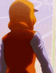 a cartoon character wearing a hoodie and a hat is standing in front of a window .